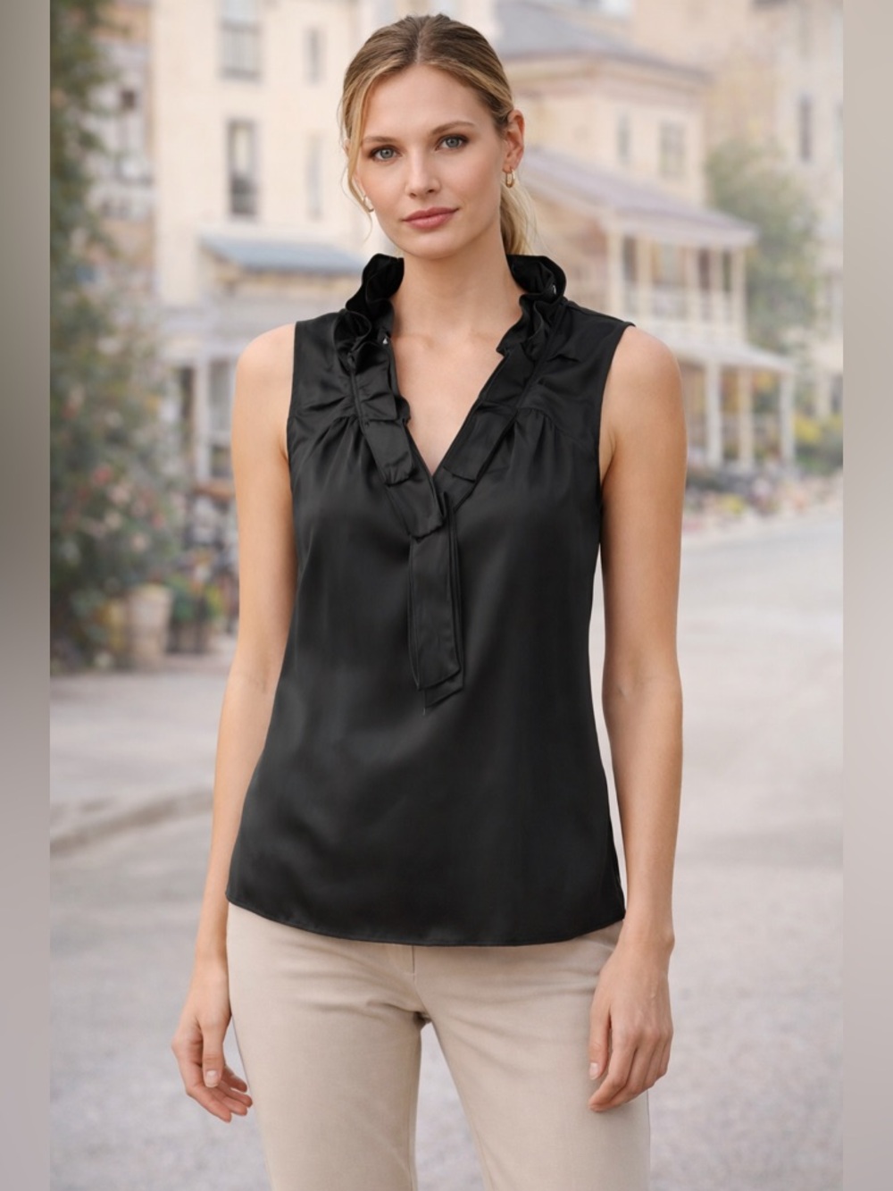 Elie Tahari Silk Ruffle Blouse Black Sleeveless XS